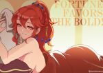  1girl anna_(fire_emblem) anna_(fire_emblem:_fortune's_weave) artist_name bed_sheet braid breasts commentary convenient_censoring earrings english_commentary english_text finger_to_mouth fire_emblem fire_emblem:_fortune's_weave grin hair_between_eyes hand_up highres indoors jewelry long_hair medium_breasts naked_sheet nude pillow pillow_grab ponytail red_eyes red_hair revolverwing smile solo under_covers unfinished 