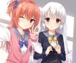  2girls :3 ahoge ayachi_nene black_jacket blue_bow blue_bowtie blue_scrunchie blush bow bowtie breasts chestnut_mouth closed_mouth cofetaru commentary_request crossed_bangs eyelashes eyes_visible_through_hair fingernails grey_background grey_sailor_collar hair_between_eyes hair_ornament hair_ribbon hair_scrunchie hand_up happy inaba_meguru jacket large_breasts letterman_jacket light_blush long_hair long_sleeves looking_at_viewer multicolored_jacket multiple_girls one_eye_closed open_mouth orange_hair pink_jacket purple_eyes purple_ribbon red_eyes ribbon sailor_collar sanoba_witch school_uniform scrunchie selfie shirt side_ponytail sidelocks simple_background sleeves_past_wrists small_breasts smile straight_hair two-tone_jacket upper_body v very_long_hair w wavy_hair white_hair white_jacket white_shirt yellow_bow yellow_bowtie 