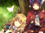  1girl blonde_hair bug butterfly chrono chrono_crusade closed_eyes insect kanasiinezimakineko lying no_headwear outdoors purple_hair rosette_christopher sitting smile tree under_tree 