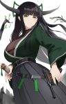  1girl absurdres belt black_dress black_hair black_nails blunt_bangs breasts closed_mouth cowboy_shot dress from_below green_eyes grey_horns gun handgun highres horns japanese_clothes katana kimono klottinen large_breasts long_hair looking_at_viewer nambu_pistol oni original see-through_cleavage see-through_clothes simple_background sword weapon white_background 
