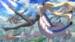  ark_ranger_black_(nikke) ark_ranger_blue_(nikke) ark_ranger_red_(nikke) ark_rangers_(nikke) blonde_hair blue_hair bodysuit breasts brown_hair city cloud cloudy_sky commentary_request day goddess_of_victory:_nikke high_heels highres jacket laplace_(nikke) large_breasts long_hair looking_to_the_side mekami_shifty_(nikke) midair multiple_girls outdoors ponytail sky smile sunlight syope twintails 