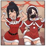  2girls :d artist_name belt belt_buckle black_belt black_hair black_mask border bow breasts brown_background buckle capelet christmas closed_eyes colored_inner_hair commentary_request covered_mouth dress facing_viewer fur_trim fuyudori_yukino hair_between_eyes hair_ornament hair_tie hairclip hand_on_own_hip hand_up hands_up hat high_ponytail highres leaning_forward long_hair long_sleeves looking_at_viewer mask mouth_mask multicolored_hair multiple_girls original ponytail purple_eyes purple_hair rabbit_pose red_bow red_capelet red_dress red_hat red_ribbon ribbon santa_costume santa_hat small_breasts smile strapless strapless_dress tan tanlines thighhighs twitter_username v white_thighhighs wrist_cuffs 