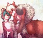  annoying_watermark anthro blue_eyes blue_hair blush canine chest_tuft doggystyle duo feline fluffy_tail fox from_behind fur gay hair leopard male mammal nude red_eyes sex slushie-nyappy-paws snow_leopard spots teal_hair tongue tuft watermark white_fur white_hair 