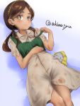  1girl akino_shuu artist_name breasts brown_eyes brown_hair closed_mouth collared_dress commentary_request dark-skinned_female dark_skin dress green_vest grey_dress hairband hands_up kantai_collection long_hair looking_at_viewer low_twintails lying official_alternate_costume on_back parted_bangs simple_background small_breasts solo stuffed_animal stuffed_elephant stuffed_toy thick_eyebrows thonburi_(kancolle) thonburi_(rainy_season)_(kancolle) twintails twitter_username vest wet wet_clothes yellow_hairband 