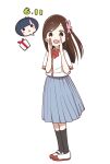 2girls birthday black_headband black_socks blue_hair blunt_bangs blush bow bowtie box brown_hair collared_shirt commentary_request flower gift gift_box grey_skirt hair_flower hair_ornament headband highres hitori_bocchi hitoribocchi_no_marumaru_seikatsu katsuwo_(cr66g) kurai_kako long_hair long_skirt looking_at_viewer multiple_girls official_art one_side_up open_mouth pleated_skirt red_bow red_bowtie red_eyes school_uniform shirt short_sleeves simple_background skirt socks triangle_mouth white_background white_shirt 