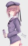  1girl absurdres ass blue_eyes blush bottle brown_eyes brown_hair cowboy_shot dress german_text grey_background hat highres hizaka kantai_collection long_sleeves looking_at_viewer microdress military_hat sailor_collar sailor_dress sailor_hat short_dress short_hair signature solo water_bottle z3_max_schultz_(kancolle) 