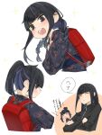  2girls araya_(project_moon) backpack bag black_hair black_jumpsuit black_track_suit blue_kimono blue_sash blue_streaks blush bob_cut braid chibi closed_eyes closed_mouth colored_inner_hair commentary_request crossed_arms from_behind heiya_desu highres japanese_clothes jumpsuit kimono limbus_company long_hair long_sleeves looking_at_viewer looking_back mother_and_child mother_and_daughter multicolored_hair multiple_girls open_mouth parent_and_child ponytail project_moon randoseru red_bag ryoshu_(project_moon) sash short_hair sidelocks simple_background smile sparkle speech_bubble streaked_hair teeth track_suit translation_request twin_braids two-tone_hair upper_teeth_only white_background 