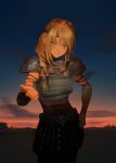  1girl absurdres armor astrid_hofferson bandaged_arm bandages belt blonde_hair blue_eyes blush braid buckle cloud commentary cowboy_shot english_commentary hair_over_eyes hair_over_shoulder headband highres how_to_train_your_dragon_(series) leather_armor ling5707 long_hair looking_at_viewer nose_blush outdoors parted_lips reaching reaching_towards_viewer shoulder_armor skull_ornament sky smile solo sunset twilight 