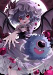  1girl ascot bat_wings blood bow brooch commentary_request crossover fang full_moon hair_between_eyes hat hat_ribbon highres jewelry looking_at_viewer mob_cap moon nail_polish nyumuji_ppp open_mouth pink_hat pink_shirt pink_skirt pokemon pokemon_(creature) puffy_short_sleeves puffy_sleeves purple_hair red_ascot red_bow red_eyes red_nails remilia_scarlet ribbon shirt short_sleeves skirt skirt_set sleeve_bow smile touhou trait_connection wings woobat 