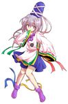  alphes_(style) dairi full_body grey_eyes grey_hair hand_to_own_mouth hat highres long_hair long_sleeves mononobe_no_futo parody ponytail ribbon shirt skirt sleeves_past_wrists smile solo style_parody touhou transparent_background wide_sleeves 