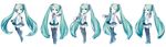  aqua_eyes aqua_hair chibi detached_sleeves full_body hatsune_miku hatsune_miku_(vocaloid3) highres ixima long_hair multiple_girls necktie official_art skirt smile thighhighs transparent_background twintails very_long_hair vocaloid zettai_ryouiki 