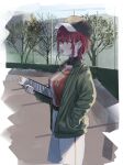  1girl :o alternate_costume alternate_hairstyle baseball_cap baseball_field baseball_jersey baseball_uniform belt black_hat black_shirt blowing_whistle border breasts breath brown_belt clipboard cropped_legs earrings fading_border fanged_bangs fence from_side green_jacket hair_between_eyes hand_in_pocket hand_up hat heterochromia high-waist_pants highres holding holding_clipboard hololive houshou_marine jacket jersey jewelry large_breasts long_sidelocks long_sleeves looking_ahead medium_hair motion_blur multicolored_shirt open_mouth outdoors pants raised_eyebrows red_eyes red_hair red_shirt shino_12a shirt shirt_tucked_in sidelocks solo sportswear standing steam_from_mouth stud_earrings turtleneck two-tone_hat virtual_youtuber whistle whistle_around_neck white_border white_pants yellow_eyes zipper_pull_tab 