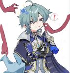  ! 1boy ahoge armor belt belt_collar black_belt black_gloves blue_cape blue_shirt cape cheek_pinching choker coat collar collared_shirt commentary_request crossed_arms earrings flower genshin_impact gloves green_hair hair_between_eyes hair_flower hair_intakes hair_ornament hand_on_another's_cheek hand_on_another's_face highres jewelry koebi_607 lohen_(genshin_impact) long_sleeves male_focus mole mole_under_eye multicolored_eyes pants pinching shadow_hands shirt short_hair shoulder_armor single_earring solo speech_bubble surrounded_by_hands upper_body white_background white_pants 