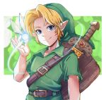  1boy commentary deku_shield english_commentary fairy green_tunic highres kokiri kokiri_sword link looking_at_viewer navi phrygian_cap pichichustudio pointy_ears shield simple_background smile sword sword_on_back the_legend_of_zelda the_legend_of_zelda:_ocarina_of_time tunic weapon weapon_on_back wooden_shield young_link 