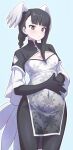  1girl bird_girl bird_tail bird_wings black-headed_ibis_(kemono_friends) black_hair blue_background blush breasts brown_eyes china_dress chinese_clothes commentary_request dress elbow_gloves feathered_wings gloves head_wings highres kemono_friends long_hair looking_at_viewer lowlandgorilla pantyhose simple_background solo tail wings 