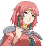  1girl alexandra_(fire_emblem) armpits breasts circlet cleavage_cutout clothing_cutout commentary_request dress fire_emblem fire_emblem:_fortune's_weave green_eyes highres looking_at_viewer pink_dress pink_hair sentihistory short_hair small_breasts smile solo upper_body white_background 