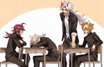  4boys :d ahoge akaneya_(akaneya1484) animal_ears aqua_eyes arataki_itto arm_support artist_name black_choker black_jacket black_pants brown_hair buttons chair choker collared_shirt colored_inner_hair desk dog_boy dog_ears earrings eyeliner facepaint fang gakuran genshin_impact gorou_(genshin_impact) green_eyes hair_between_eyes highres horns jacket jewelry kaedehara_kazuha long_hair long_sleeves looking_at_another low_ponytail makeup male_focus medium_hair mole mole_under_eye multicolored_hair multiple_boys on_chair oni open_clothes open_jacket open_mouth orange_background pants pointy_ears ponytail profile red_eyeliner red_eyes red_hair red_horns red_shirt red_streaks school_chair school_desk school_uniform shikanoin_heizou shirt short_hair sidelocks simple_background sitting sleeping sleeping_on_desk sleeping_upright sleeves_rolled_up smile streaked_hair teeth thick_eyebrows twitter_username two-tone_background undershirt upper_teeth_only watermark white_background white_hair white_shirt white_streaks 