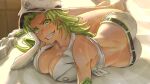  1girl :d absurdres ass back backlighting bare_legs bare_shoulders barefoot belt black_belt bleach bleach:_sennen_kessen-hen blush boots breasts candice_catnipp cleavage collarbone commentary dimples_of_venus elbow_gloves fang forehead gloves green_eyes green_hair grin hand_on_own_cheek hand_on_own_face hand_up hat highres indoors jacket large_breasts lens_flare light_particles long_hair looking_at_viewer lying military_hat on_bed on_side parted_bangs peaked_cap ririvart short_shorts shorts sleeveless sleeveless_jacket smile solo spiked_hair suit_jacket thighs unworn_boots v-shaped_eyebrows white_gloves white_hat white_jacket white_shorts 