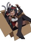  1girl animal_ear_fluff animal_ears barcode barcode_tattoo black_hair black_thighhighs box breasts cable cable_tail cardboard_box cat_ears cat_girl cat_tail commentary dark-skinned_female dark_skin dated_commentary facial_mark fang forehead_mark forehead_tattoo highres in_box in_container kssp1236 long_hair looking_at_viewer lying mechanical_tail medium_breasts multiple_tails nekomiya_mana on_back open_mouth paw_pose red_eyes shirt simple_background smile solo tail tattoo thighhighs triangle triangle_facial_mark two_tails white_background white_shirt zenless_zone_zero 