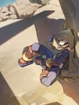  1boy absurdres android armor blonde_hair cloak closed_mouth commentary_request day desert forehead_jewel full_body helmet highres hood hood_up hooded_cloak long_hair looking_at_viewer male_focus mega_man_(series) mega_man_zero_(series) mega_man_zero_2 omochi_(mochi_skymega) outdoors red_armor red_helmet solo zero(z)_(mega_man) zero_(mega_man) 