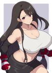  1girl bare_shoulders belt breasts brown_eyes brown_hair cleavage collarbone commentary_request covered_nipples cowboy_shot earrings elbow_gloves elbow_pads final_fantasy final_fantasy_vii fingerless_gloves gloves gloves_over_elbow_gloves hair_behind_ear huge_breasts jewelry long_hair looking_at_viewer mituyota_76 motion_lines navel single_elbow_pad skirt solo suspender_skirt suspenders suspenders_gap swept_bangs tank_top teardrop_earrings tifa_lockhart v-shaped_eyebrows 