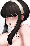  1girl after_sex black_hair blush breasts commentary completely_nude cropped cslucaris earrings english_commentary grey_background hairband implied_after_sex jewelry large_breasts long_hair looking_at_viewer lying nude on_side open_mouth paid_reward_available red_eyes spy_x_family sweat yor_briar 