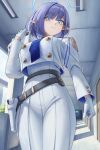  1girl absurdres aiguillette aoi_(blue_archive) blue_archive blue_eyes blue_halo blue_necktie bob_cut breasts buttons closed_mouth commentary cowboy_shot cropped_jacket double-breasted dress epaulettes from_below gloves gun hallway halo hand_up handgun highres holding holding_tablet_pc holstered indoors jacket large_breasts long_sleeves looking_at_viewer necktie pointy_ears purple_hair short_hair solo tablet_pc vincent_ky weapon white_dress white_gloves white_jacket 