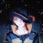  1boy bandage_over_one_eye black_hair blood blood_on_face commentary head_tilt high_collar looking_at_viewer male_focus nangu0417 natsuki_subaru parted_lips re:zero_kara_hajimeru_isekai_seikatsu short_hair snow solo track_suit untranslatable_commentary upper_body yellow_eyes 
