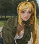  1girl ahoge alternate_costume birthday black_choker blonde_hair blue_pants bocchi_the_rock! breast_pocket breasts choker choppy_bangs cleavage collarbone collared_jacket commentary_request crop_top cropped_jacket denim grass highres ijichi_nijika jacket jeans jun89190 leaning_forward lips long_sidelocks looking_at_viewer medium_breasts military_jacket outdoors pants park pocket realistic red_eyes side_ponytail sidelocks solo tree upper_body 