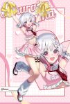  1girl absurdres armband armpits artist_name ayu_(love_5) bare_shoulders character_name cheerleader crop_top fang flower frilled_armband frilled_skirt frills gradient_hair hair_flower hair_ornament highres layered_skirt looking_at_viewer loose_socks mahou_shoujo_no_majo_saiban multicolored_hair o-ring o-ring_thigh_strap open_mouth pink_eyes pink_hair pink_shirt pink_skirt pom_pom_(cheerleading) sakuraba_ema shirt short_hair signature skirt smile socks solo thigh_strap twitter_username white_flower white_hair white_socks x_hair_ornament 