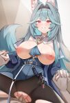  1boy 1girl absurdres animal_ear_fluff animal_ears black_hairband black_pantyhose blue_hair breasts breasts_out censored choker commentary_request commission cowgirl_position detached_collar dutch_angle girl_on_top grin hair_intakes hairband hetero highres hiyori_(meridian_project) holding_hands huge_breasts interlocked_fingers kuromiz long_hair looking_at_viewer meridian_project mosaic_censoring nipples pantyhose parted_lips penis pink_eyes pov pussy sex skeb_commission smile straddling tail torn_clothes torn_pantyhose vaginal variant_set white_choker wolf_ears wolf_girl wolf_tail 