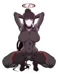  1girl arms_behind_head black_hair blue_archive blunt_bangs bodysuit breasts commentary covered_navel covered_nipples english_commentary halo highres jewelry long_hair looking_at_viewer na_ss paid_reward_available ponytail red_eyes ring rio_(armed)_(blue_archive) rio_(blue_archive) simple_background solo sweatdrop variant_set very_long_hair white_background 