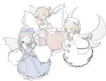  3girls beret black_bow black_hair blonde_hair blue_bow blue_dress blue_ribbon bow brown_hair closed_eyes dress drill fairy fairy_wings fang full_body hair_ornament hat highres long_hair long_sleeves luna_child multiple_girls open_mouth red_skirt ribbon shirt short_hair skin_fang skirt smile star_sapphire sunny_milk the_okashi touhou white_background white_dress white_shirt wide_sleeves wings 