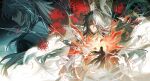  1boy :| absurdres bandaged_arm bandaged_chest bandaged_hand bandages black_hair blade_(honkai:_star_rail) chinese_clothes chinese_commentary closed_mouth commentary_request earrings flower highres holding holding_sword holding_weapon honkai:_star_rail honkai_(series) jewelry lieshang773 long_hair male_focus mortenax_blade_(honkai:_star_rail) multiple_views red_eyes red_flower spider_lily sword weapon white_hair yingxing_(honkai:_star_rail) 
