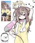  1boy 1girl absurdres after_bathing arm_behind_head black_ribbon black_skirt blonde_hair blue_archive bright_pupils brown_hair cardigan closed_mouth commentary_request doodle_sensei_(blue_archive) drying hachimakiuonora hair_dryer hair_ribbon halo highres holding long_hair looking_at_viewer messy_hair multicolored_hair one_eye_closed open_mouth purple_eyes reference_inset rena_(blue_archive) ribbon sensei_(blue_archive) shirt short_sleeves simple_background skirt streaked_hair towel towel_around_neck twintails white_background white_pupils white_shirt yellow_cardigan yellow_shirt 