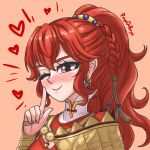  1girl ;) anna_(fire_emblem) anna_(fire_emblem:_fortune's_weave) armor blush braid breasts cleavage closed_mouth commentary earrings english_commentary finger_to_mouth fire_emblem fire_emblem:_fortune's_weave hair_between_eyes hair_ornament heart highres jewelry long_hair medium_breasts one_eye_closed orange_background ponytail poyodaboyo1 red_eyes red_hair red_shirt shirt simple_background smile solo upper_body white_shirt 