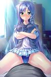 1girl aozora_stripe blue_eyes blue_panties crossed_arms game_cg long_hair panties piromizu purple_hair tsuruno_satsuki underwear 