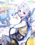  +_+ 1girl absurdres arnyang_(ayatsuno_yuni) ayatsuno_yuni beanie blue_sailor_collar cellphone character_name commentary_request controller curtained_hair dated feet_out_of_frame from_side game_controller gift grey_hair grey_skirt hair_ornament hand_up handheld_game_console happy_birthday hat heart heart_hair_ornament highres holding holding_stuffed_toy horns kim_nico korean_commentary long_hair looking_at_viewer looking_to_the_side lying model_airplane on_back open_box open_mouth pantyhose phone phone_in_pocket plaid_clothes plaid_skirt pleated_skirt purple_eyes sailor_collar shirt single_horn sitting skirt smartphone smile solo stellive stuffed_animal stuffed_toy sweater_vest tail unicorn_horn v virtual_youtuber white_hat white_pantyhose white_shirt yellow_sweater_vest 