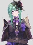  1girl armor black_dress black_gloves blush bow breasts brooch closed_mouth commentary_request crossed_bangs dress fascinator fire_emblem fire_emblem:_fortune's_weave gloves green_eyes green_hair grey_background hair_between_eyes hand_on_own_arm hat hat_bow highres jewelry light_frown looking_at_viewer mini_hat mokichi_xx ninae_(fire_emblem) purple_bow shoulder_armor simple_background single_bare_shoulder small_breasts solo upper_body 