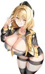 1girl absurdres ahoge alternate_costume anis_(nikke) black_hat black_jacket black_skirt black_thighhighs breasts brown_hair cleavage collarbone commentary_request cropped_legs glasses goddess_of_victory:_nikke hat highres jacket kopepan_(kopepann11) leaning_forward long_sleeves looking_at_viewer medium_hair miniskirt open_clothes open_jacket round_eyewear simple_background skirt smile solo standing thighhighs white_background 