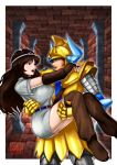  1boy 1girl absurdres armor armored_skirt arms_around_neck artist_name belt black_boots black_gloves black_hair blue_belt boots border breastplate breasts brick_floor brick_wall brown_eyes brown_hair carrying circlet commentary_request crying crying_with_eyes_open dress druaga_no_tou elbow_gloves eye_contact fake_horns fingerless_gloves gauntlets gilgamesh_(druaga) gloves gold_armor grey_dress hallway happy_tears helmet highres horned_helmet horns indoors jewelry ki_(druaga) large_breasts long_hair looking_at_another necklace open_mouth outside_border pauldrons princess_carry red_eyes short_dress short_hair short_sleeves shoulder_armor smile standing tears teeth thigh_boots thighs upper_teeth_only west-maison white_border 