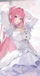  1girl absurdres adjusting_hair arms_up bare_shoulders blue_ribbon blush braid breasts chinese_commentary cleavage cloud commentary detached_collar dorothy_(nikke) dress goddess_of_victory:_nikke hair_intakes hair_tie_in_mouth highres long_hair looking_at_viewer mouth_hold neck_ribbon pink_hair purple_eyes ribbon see-through_clothes see-through_sleeves sideways_glance sky smile solo tying_hair upper_body very_long_hair white_dress window xuegao_ice 