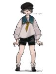  1girl :d absurdres ankle_boots arms_at_sides artist_name black_boots black_nails black_shorts blue_sailor_collar boots brown_hat commentary english_text fangs fingernails fold-over_boots full_body grey_eyes grey_hair hat highres long_sleeves looking_to_the_side multicolored_boots nail_polish nanora neckerchief newsboy_cap open_mouth original sailor_collar sharp_fingernails shirt short_hair shorts sideways_glance simple_background sleeves_rolled_up smile solo standing torn_clothes torn_neckerchief twitter_username two-tone_boots white_background white_boots white_shirt yellow_neckerchief 
