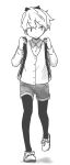  1girl alternate_costume alternate_hairstyle averting_eyes backpack bag cardigan collared_shirt commentary_request double-parted_bangs dress_shirt full_body greyscale hair_between_eyes hair_ribbon highres kantai_collection medium_hair monochrome pantyhose ponytail ribbon shadow shikinami_(kancolle) shirt shoes short_shorts shorts sidelocks simple_background sneakers solo v-neck wachi_(hati1186) walking white_background 