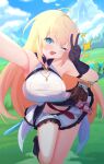  1girl absurdres armpits black_gloves black_shoes blonde_hair blue_eyes blue_sky breasts cloud daf_(daf_4) gloves hair_between_eyes highres large_breasts long_hair looking_at_viewer monolith_(stella_sora) navel noya_(stella_sora) open_mouth shoes sky smile solo sparkle stella_sora stuffed_animal stuffed_toy sword teddy_bear v weapon 