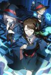  4girls absurdres asymmetrical_bangs black_boots black_hat black_necktie black_robe blonde_hair blue_eyes boots broom brown_hair casting_spell chinese_commentary collared_shirt commentary crossed_arms diana_cavendish hair_over_one_eye hallway hat highres holding holding_broom holding_wand hooded_robe kagari_atsuko knee_boots ling5707 little_witch_academia long_hair lotte_jansson luna_nova_school_uniform magic multiple_girls necktie one_side_up orange_hair pillar red_eyes robe school_uniform shirt short_hair skull smoke sucy_manbavaran tile_floor tiles very_long_hair walking wand wavy_hair wide_sleeves witch_hat 