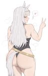  ! 1girl absurdres animal_ears ass biceps black_one-piece_swimsuit breasts casual_one-piece_swimsuit closed_mouth commentary from_behind gold_ship_(run_revolt_launcher)_(umamusume) gold_ship_(umamusume) grey_hair grey_tail hand_up highres horse_ears horse_girl horse_tail huge_ass large_breasts long_hair looking_at_viewer looking_back muscular muscular_arms muscular_female official_alternate_costume one-piece_swimsuit sakuzoarts sideways_glance simple_background smile spoken_exclamation_mark squinting swimsuit tail thick_thighs thighs umamusume v white_background 