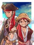  2boys black_hair clenched_teeth commentary_request english_commentary facial_hair goatee hat holding holding_sword holding_weapon magu_pink male_focus mixed-language_commentary monkey_d._luffy multiple_boys one_piece outdoors pirate_hat red_sash sash scar scar_on_chest scar_on_face shirt sideburns signature smile straw_hat sword teeth trafalgar_law vest weapon white_shirt 
