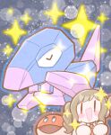  1girl :d alternate_color alternate_hairstyle blush brown_hair character_watermark closed_eyes commentary_request eevee goomy highres hotoketto16 juliana_(pokemon) marill necktie open_mouth orange_necktie orthworm outline pokemon pokemon_(creature) pokemon_focus pokemon_scarlet_and_violet porygon shiny_pokemon smile sparkle star_(symbol) twintails |_| 