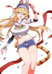  1girl :d absurdres animal_ears bare_legs baseball_cap blonde_hair blue_hat blue_shorts blush breasts cat_ears cat_tail character_request check_character chinese_commentary collarbone commentary_request confetti crossed_bangs ears_through_headwear elbow_pads fang feet_out_of_frame floating_hair green_eyes hat highres holding_baton large_breasts long_hair looking_at_viewer michele_(strinova) midriff navel open_mouth poxiao_buff shirt short_shorts shorts simple_background skin_fang smile solo strinova t-shirt tail thigh_gap torn_clothes torn_hat white_background white_shirt 